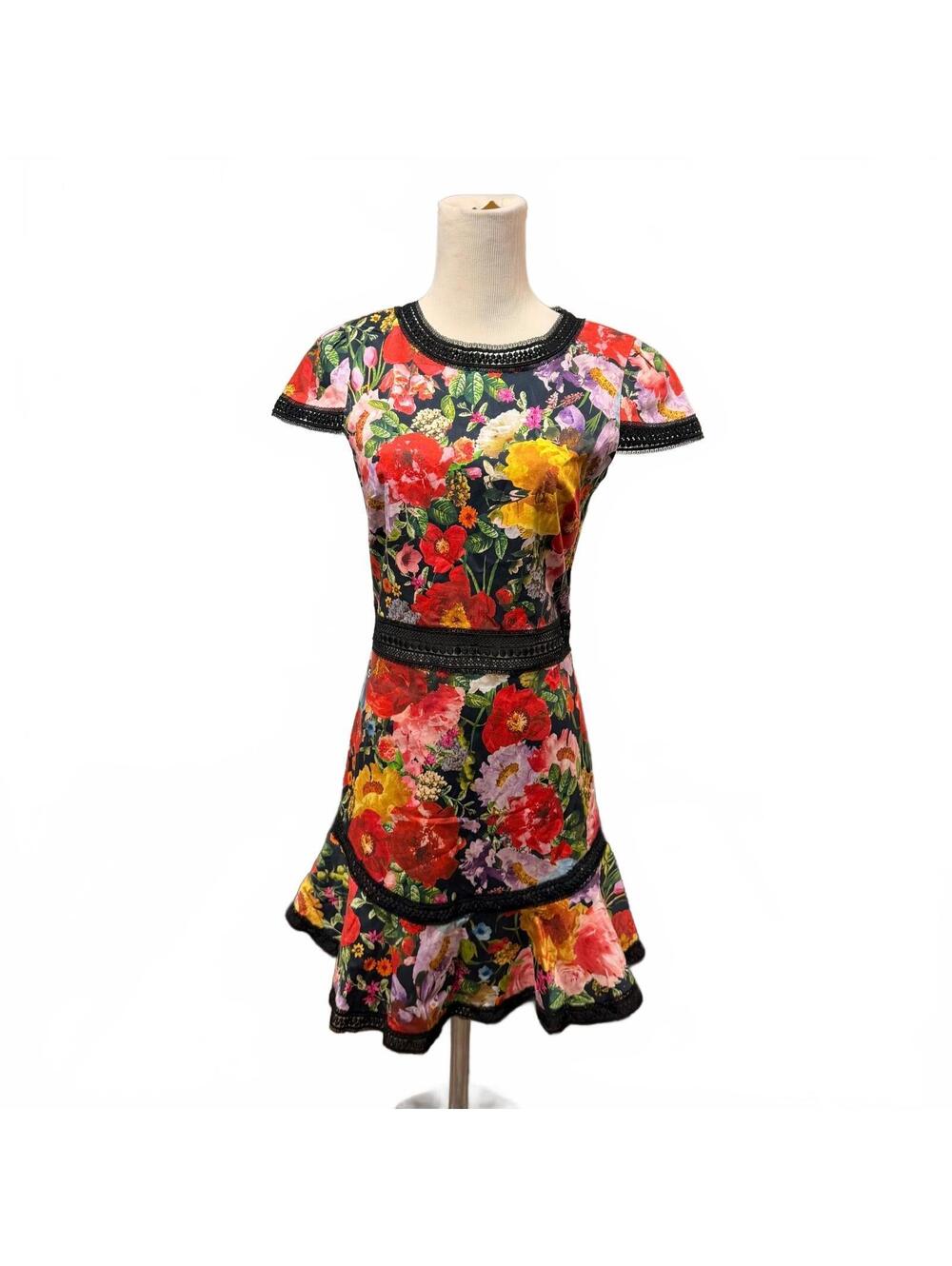 alice + olivia Floral Fit and Flare Dress with Black Lace Trim Size 8
